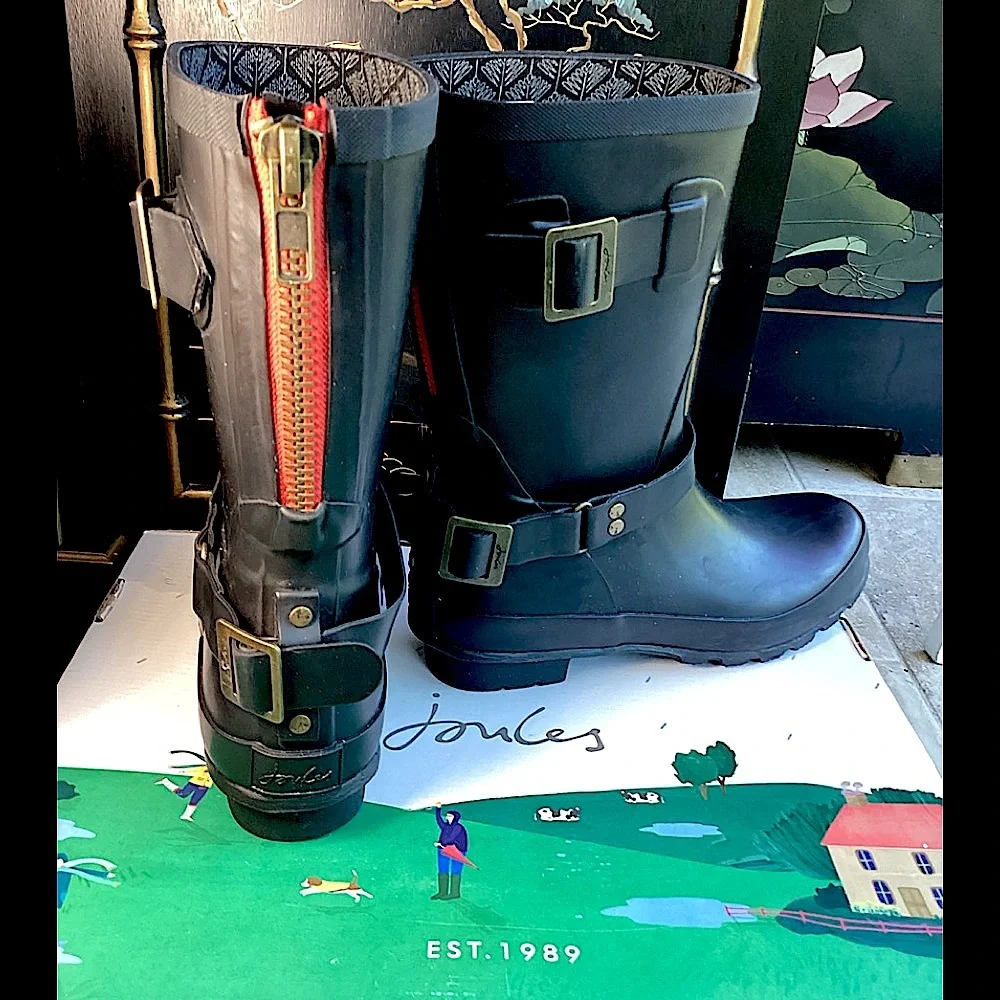 Joules Black Rain Boots with Red Zipper & buckles